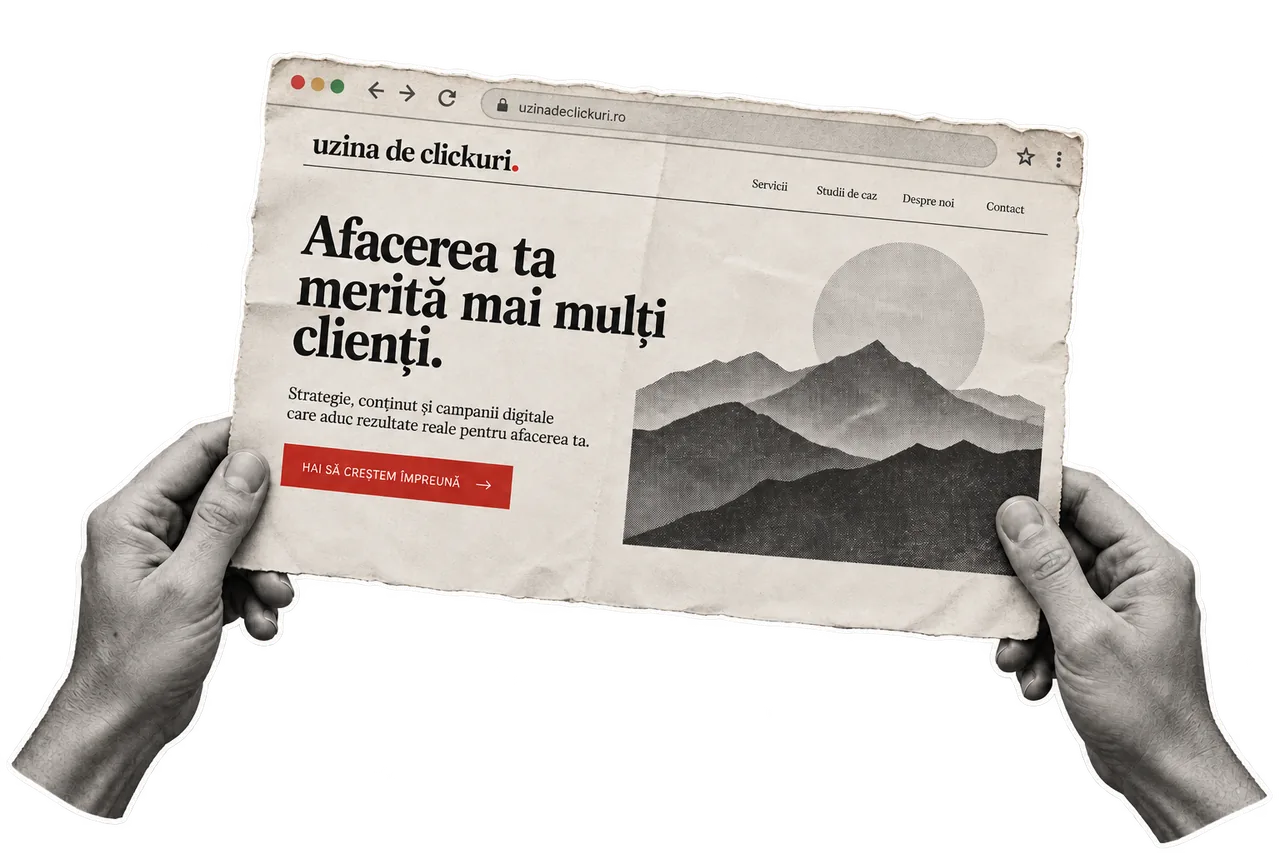 Colaj cu două mâini care țin schița unui site: Afacerea ta merită mai mulți clienți.